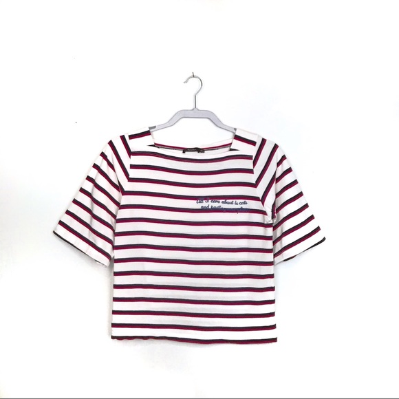 Bershka striped t shirt with cat slogan size S - Picture 2 of 5